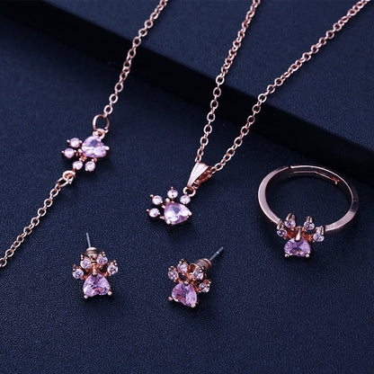Elegantes TALINA 4-teiliges Roségold Schmuckset mit Pfote & Zirkonia-Herz - Perfektes Geschenk für Tierliebhaber